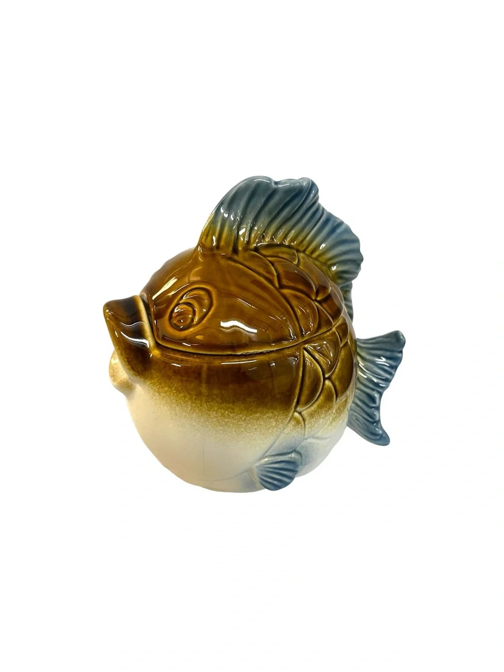 Vintage Puffer Fish Candy/Cookie Jar Nautical Marine Blue Green Canister W/ Lid